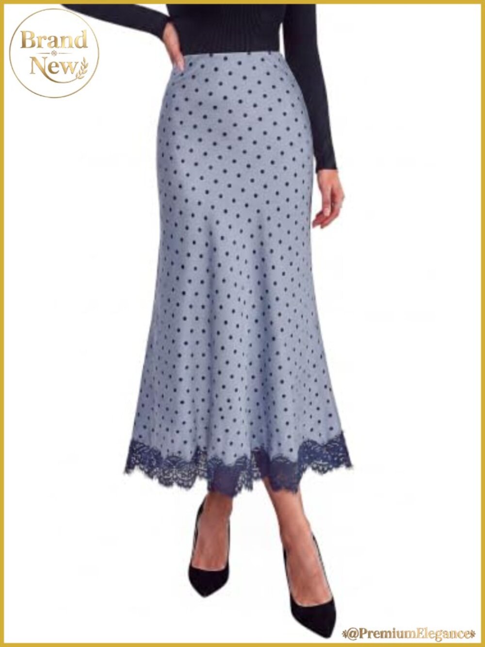 Women's Flowy Satin Midi A-Line Skirt High Waisted with Lace Trim